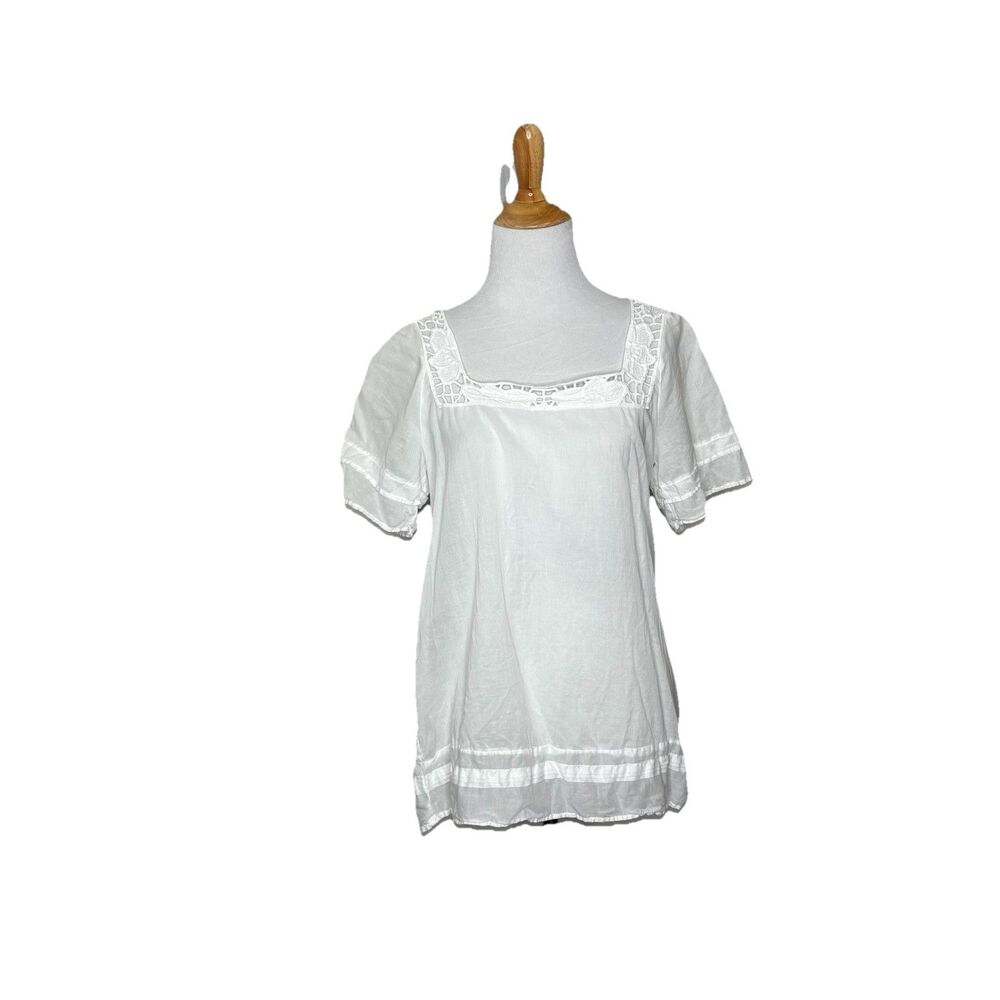 Velvet Lace Sheer White Short Sleeve Square Neck Top Blouse Size Small Womens